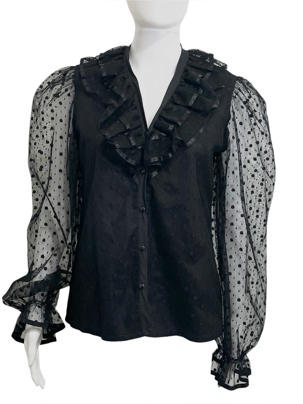 Judy Bond Vintage Black Polka Dot Ruffle Neck Blouse Victorian Gothic